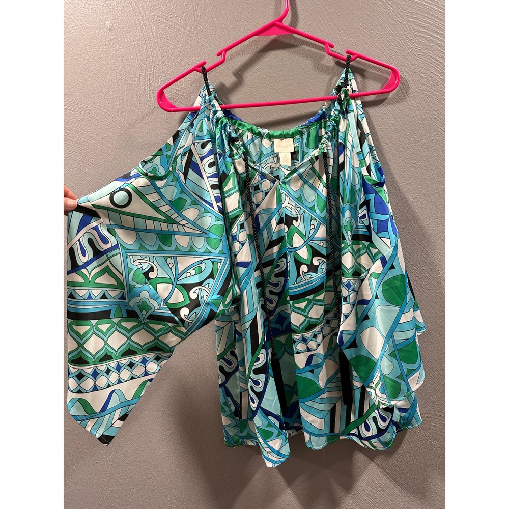 Chicos Cold Shoulder Blouse Geometric Mosaic Print Tassel Tie Blue Green Size 2